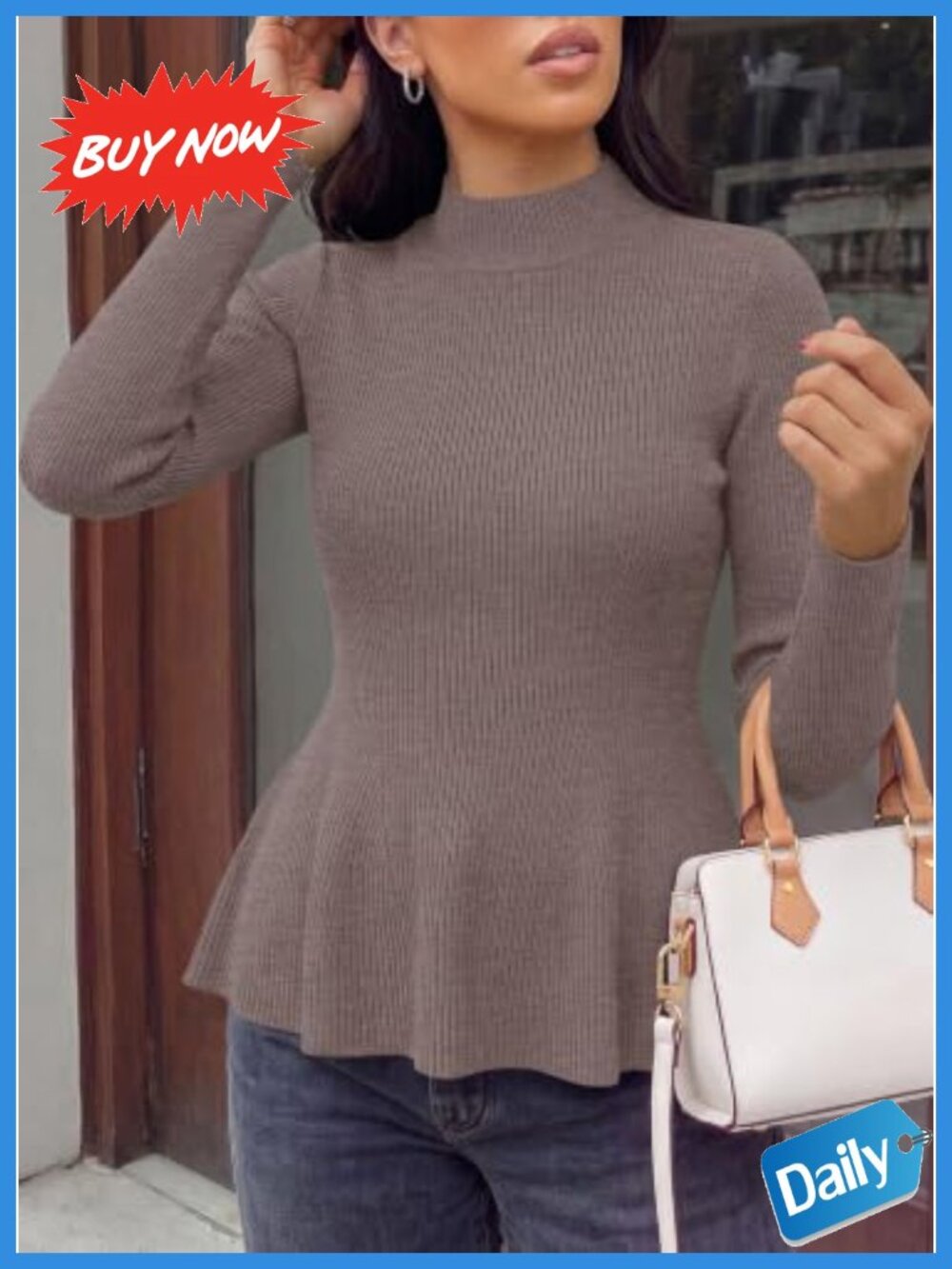 Women's Long Sleeve Peplum Sweater Ribbed Knit Ruffle Hem Pullover - Picture 2 of 6